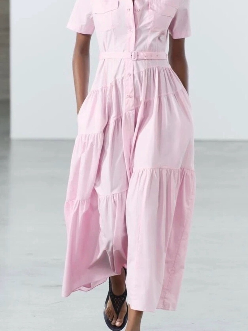 Zara Baby Pink 100% Cotton Collared Belted Shirt Dress Maxi Resort Women’s XS - Picture 2 of 15